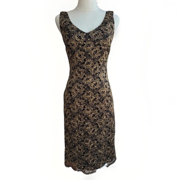 Mica Dresses & Skirts - Mica Sleeveless Black Lace Cocktail Dress Sz 4 Sheath Gold Metallic Event Formal